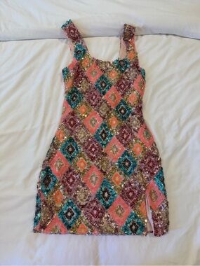 Sequin Multi-Color Diamond-Pattern Mini Dress - Pink